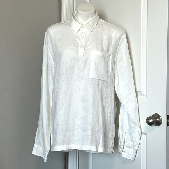 Vince Womens L White Classic Fit Long Sleeve Popover Shirt 100% Linen Blouse - Picture 1 of 9